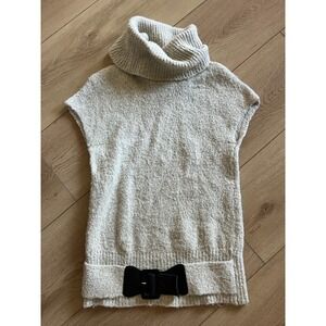 MK2K Womens Beige Knit Tunic Sweater Turtle‎ Neck Bow Buckle Belt Sleeveless M